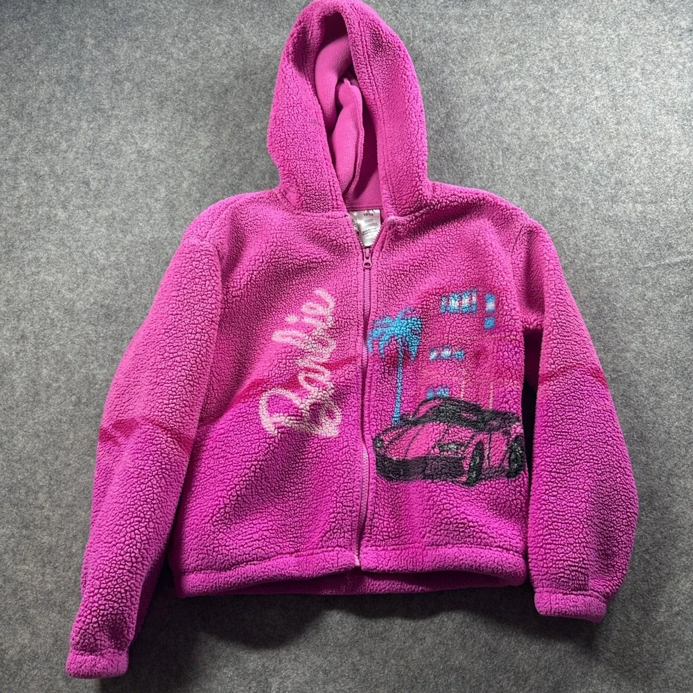 Barbie Sherpa Fleece Hoodie Kids Size 10/12 Pink Malibu Graphic Zip Up Jacket